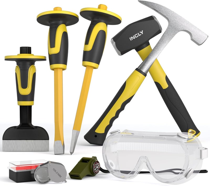 INCLY 8PCS Geology Rock Pick Equipment Kit, 3lb Sledge & 32oz Rock Hammer with 3PCS Concrete Chisel, Safety Goggles, Jewelers Loupe, Rock Hounding Equipment for Splitting, GoldMining, Stone Breaking - Image 1